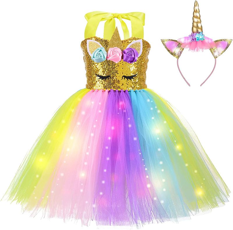 Photo 2 of Unicorn Dresses for Girls LED Unicorn Costume with Headband for Kids Toddler Birthday Party Dress Up
