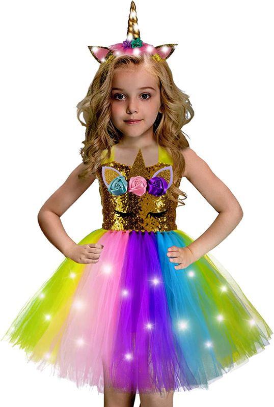 Photo 1 of Unicorn Dresses for Girls LED Unicorn Costume with Headband for Kids Toddler Birthday Party Dress Up
