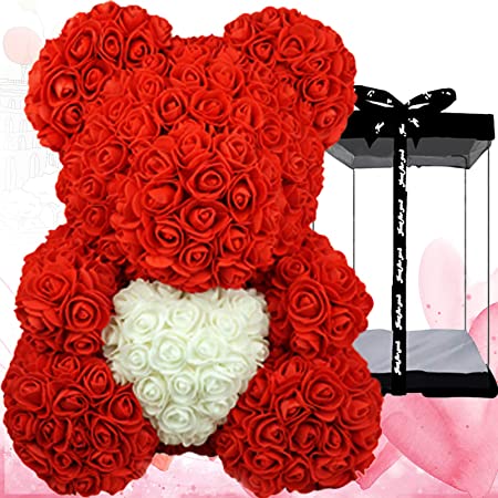 Photo 1 of BRUBAKER Rose Bear 10 Inches - Flower Bear for Bridal Showers, Birthdays or Valentines Gift - Gift Box Included - Red with White Heart
