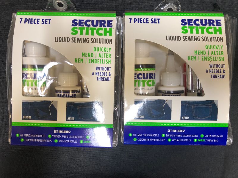 Photo 2 of Secure Stitch Liquid Sewing Solution Kit! Fabric Glue That Quickly Mends, Alters, Hems & Embellishes Without a Needle and Thread! Includes: 4oz.Fabric Solution & 2oz All Fabric Solution
2 PACK