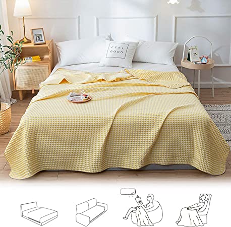 Photo 1 of Cotton Waffle Weave Blanket for Home Decoration - Soft Breathable Comfortable Thermal Blanket for All Season - Ideal for Bed Couch Sofa - Twin(60 x 90 inches), Yellow
