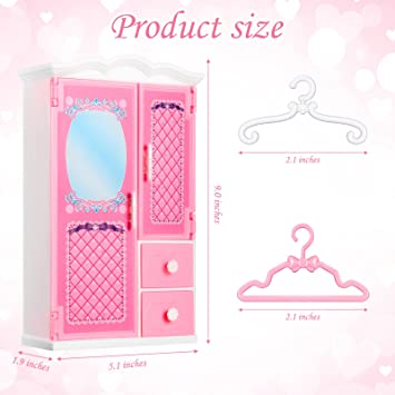 Photo 1 of 9 Inch Doll Closet Furniture Gift Pink and White Armoire Closet with Bow Knot Open Closet Dollhouse Wardrobe Organizer Accessories Includes 1.9 Inch 5 White and 5 Pink Clothes Hangers for Kids Girls
