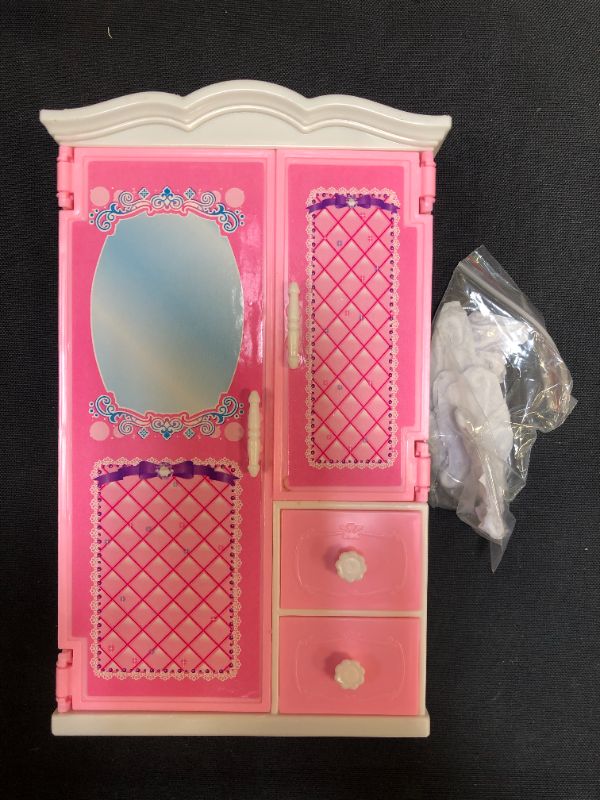 Photo 2 of 9 Inch Doll Closet Furniture Gift Pink and White Armoire Closet with Bow Knot Open Closet Dollhouse Wardrobe Organizer Accessories Includes 1.9 Inch 5 White and 5 Pink Clothes Hangers for Kids Girls
