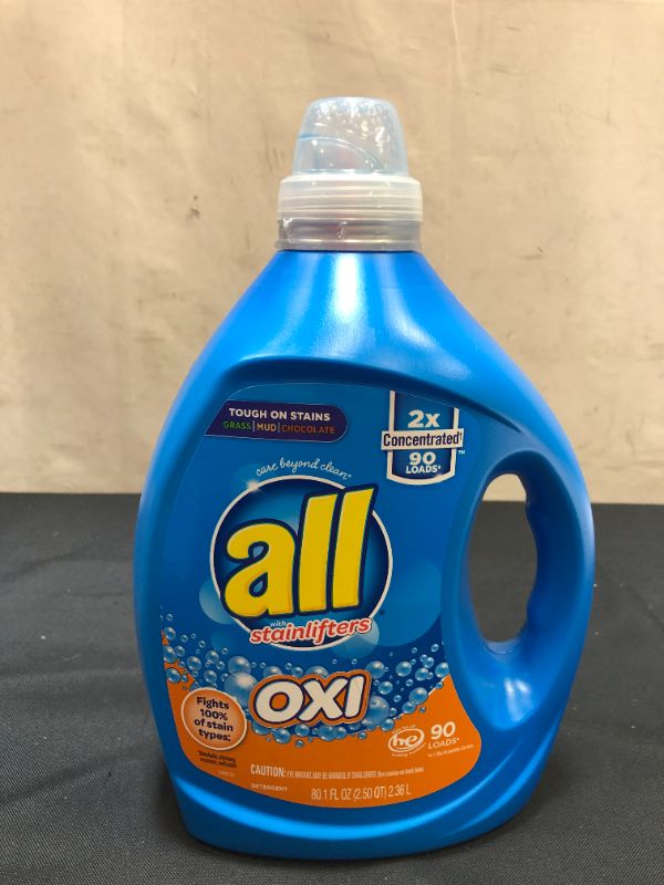 Photo 2 of all Laundry Detergent Liquid, Fights Tough Stains with OXI Power, High Efficiency Compatible, 2X Concentrated, 90 Loads
