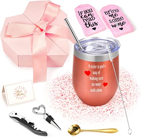 Photo 1 of Sister Birthday Gifts from Sister, Stainless Steel Insulated Wine Tumbler with Lid, Birthday Gifts for Sister Wine Gifts Basket for Women 12 oz Wine Glasses Gifts Box Set
