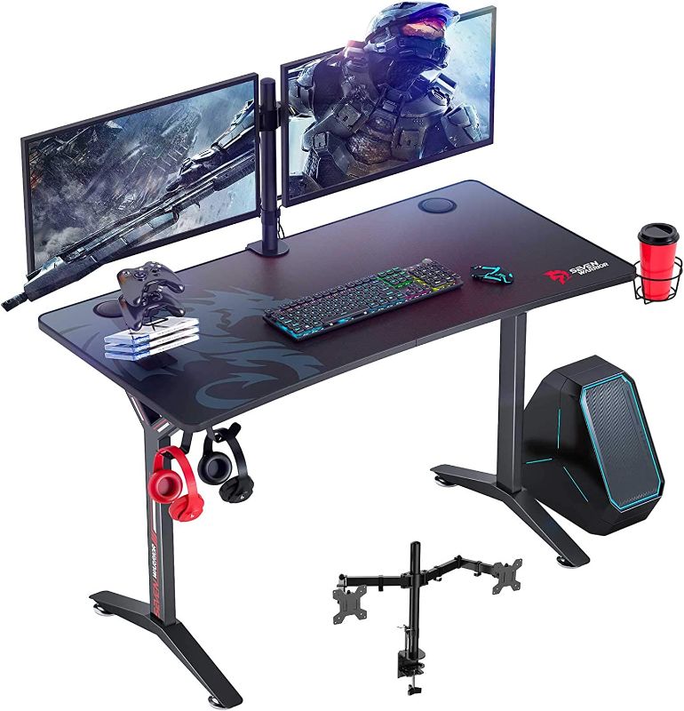 Photo 1 of SEVEN WARRIOR Gaming Desk 47INCH with Dual Monitor Mount, Carbon Fiber Surface Gamer Desk with Full Desk Mouse Pad, Ergonomic Y Shaped Gamer Table with Outlet Organizer, Gaming Rack