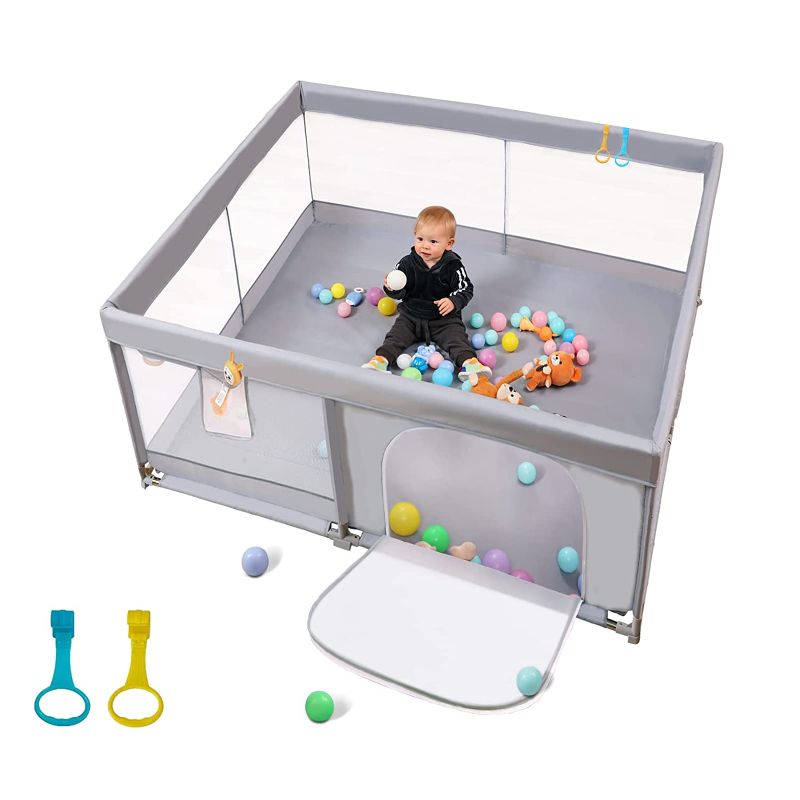 Photo 1 of Baby Playpen Palopalo Gate Playard Playpen for Babies and Toddlers 51”x51” Baby Fence Toddlers Ball Pits Infants Sturdy Safety Activity Center with Anti-Slip Base, Gray
