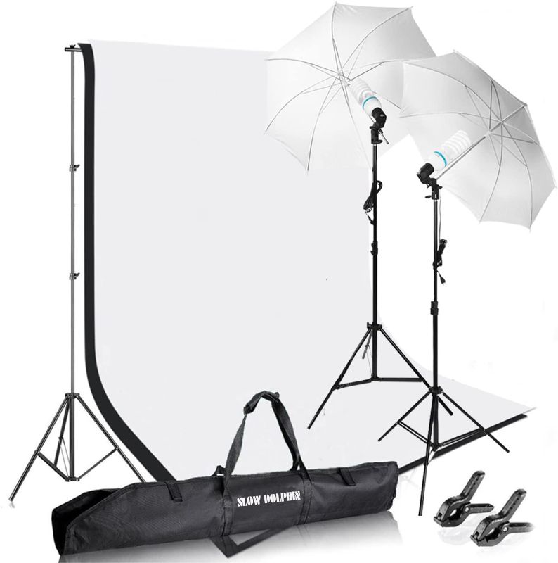 Photo 1 of SLOW DOLPHIN Photography Photo Video Studio Background Stand Support Kit with Muslin Backdrop Kits (White Black),1050W 5500K Daylight Umbrella Lighting Kit