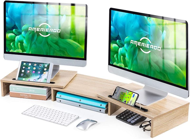 Photo 1 of Dual Monitor Stand -Adjustable Length and Angle Dual Monitor Riser, Computer Monitor Stand w/2 Slot, Desktop Organizer, Monitor Stand Riser for PC, Computer, Laptop (Wood)