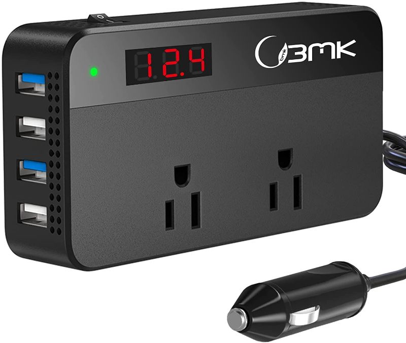 Photo 1 of BMK 200W Car Power Inverter DC 12V to 110V AC Car Inverter 4 USB Ports Charger Adapter Car Plug Converter with Switch and Current LCD Screen
