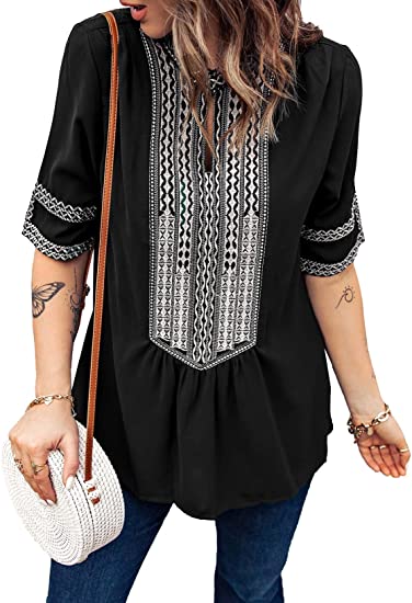 Photo 1 of Chase Secret Womens Casual V Neck Shirt Boho Embroidered Print Short/Long Sleeve Tops Loose Blouse SIZE M 