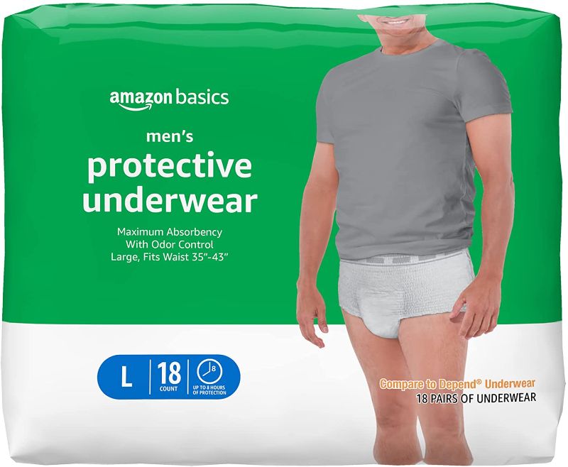 Photo 1 of Amazon Basics Incontinence Underwear for Men, Maximum Absorbency, Large, 18 Count, White (Previously Solimo)
