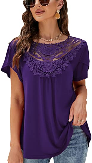 Photo 1 of MISSKY Petal Sleeve Blouse for Women Lace Pleated Tunic Tops Summer Short Sleeve Shirt Casual Loose Solid Color Tshirt SIZE S
