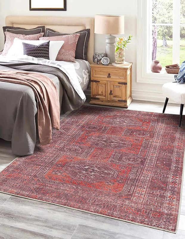 Photo 1 of Adiva Rugs Machine Washable Area Rug with Non Slip Backing for Living Room, Bedroom, Bathroom, Kitchen, Printed Persian Vintage Home Decor, Floor Decoration Carpet Mat (RED/Brown, 5'3" x 7'5")