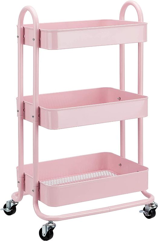 Photo 1 of Amazon Basics 3-Tier Rolling Utility or Kitchen Cart - Dusty Pink
