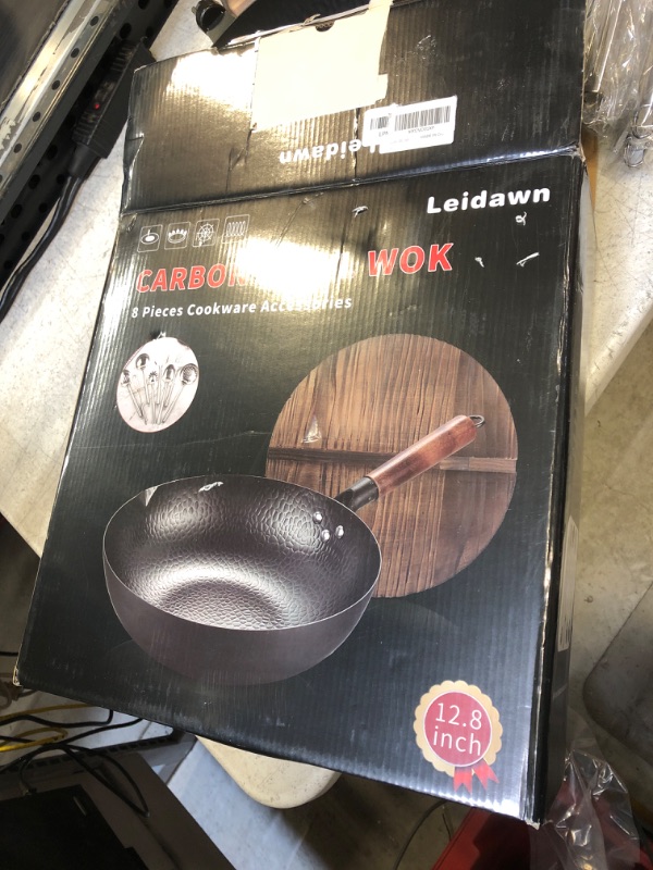 Photo 3 of 12.8"Carbon Steel Wok - 11Pcs Woks and Stir Fry Pans with Wooden Handle and Lid,10 Cookware Accessories,For Electric,Induction and Gas Stoves ( LID HAS MINOR DAMAGE )