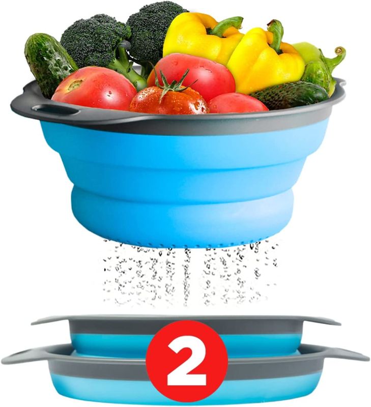 Photo 1 of 2 pcs Colander Set - Collapsible Colanders by Comfify - Sink Strainers for Kitchen - 2 & 3 qt / 8" & 9.5" Size - Blue
