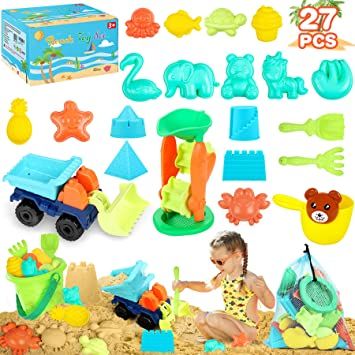 Photo 1 of Beach Sand Toys for Kids, 27 PCS Beach Toys Set With Sand Water Wheel Dump Truck Toy Animal Castle Mold Sandbox Toy Kit with Bucket Beach Shovel Tool Kit with Bonus Mesh Bag for Toddler Summer Outdoor --- missing a couple pieces 
