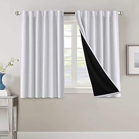 Photo 1 of 100% Blackout Curtains for Bedroom with Black Liner Full Room Darkening Curtains 45 Inches Long Thermal Insulated Back Tab/Rod Pocket Window Treatment Drapes for Living Room, Bleached White, 2 Panels
