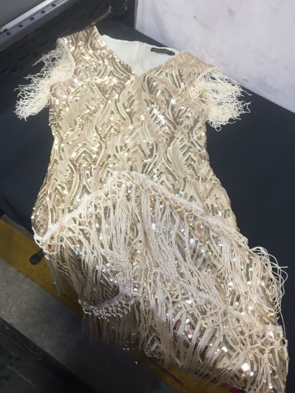 Photo 1 of WOMENS SLEEVELESS FRINGE SEQUINED GOLD DRESS 1920's
LARGE