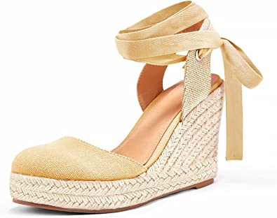 Photo 1 of Ermonn Womens Espadrilles Wedge Sandals Platform Closed Toe Ankle Strap Lace Up Summer Shoes CAMEL 
SIZE 8.5