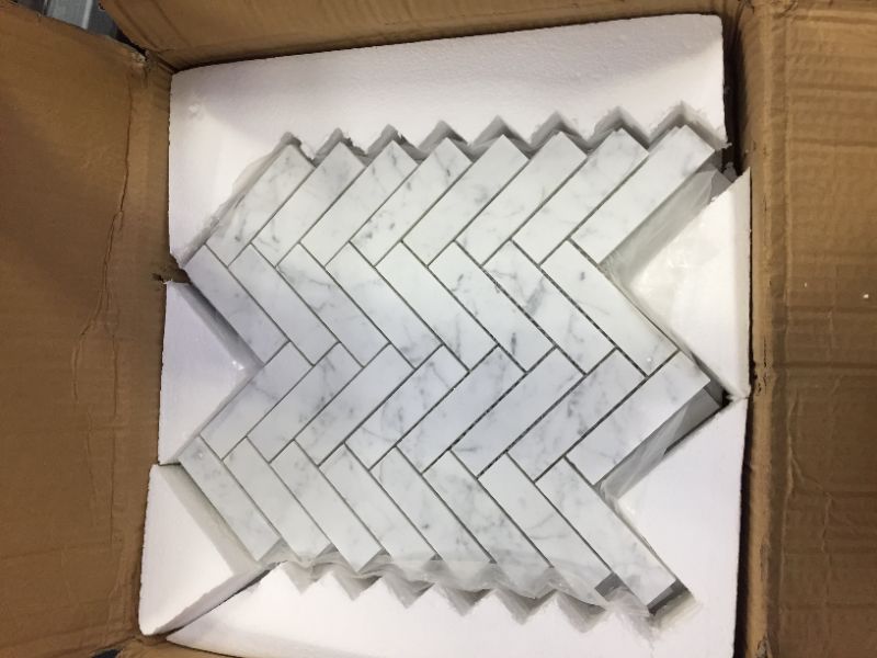 Photo 2 of Diflart Pack-5 Carrara Italian White Carrera Marble 1x3 Inch Herringbone Mosaic Tile Polished for Kitchen Bathroom Wall Floor Tile
