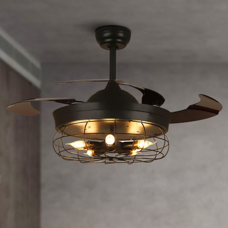 Photo 1 of 7PM Vintage Caged Ceiling Fan with Lights Remote Control, 42 Inch Industrial Black Retractable Ceiling Fan, E26 Base, 6 Wind Speeds, Reversible Blades, Low Profile Ceiling Fan with Lights for Bedroom
