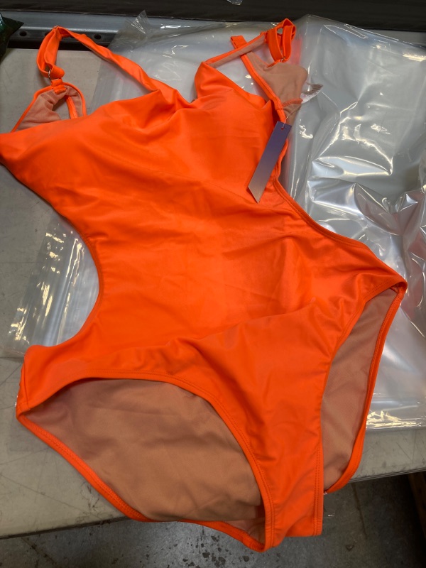 Photo 2 of  Women's Cutout One Piece Swimsuit Sexy One Shoulder Bathing Suit High Cut Monokinis Swimsuit Tummy Control Swimwear Fluo Orange SIZE X-Large