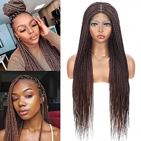 Photo 1 of Alebery 32" Full Lace Knotless Box Braided Wigs for Black Women Knotless Box Braids Lace Front Wig with Baby Hair Lightweight Synthetic Lace Frontal Dark Brown Cornrow Twisted Braided Wigs 