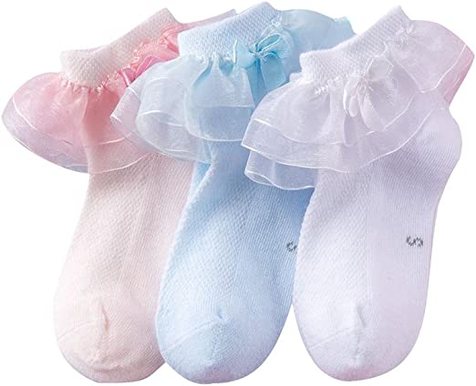 Photo 1 of  Toddlers Girls Socks with Ruffles Baby Lace Ankle Socks with Bowknot Eyelet Frilly Mesh Socks 3-Pack