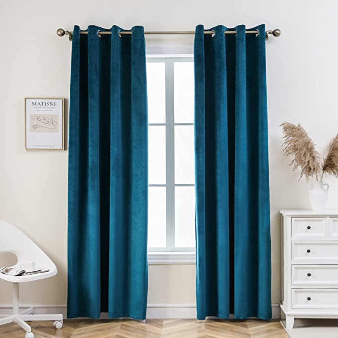 Photo 1 of  Velvet Curtains [2 Panels] Elegant Living Room Bedroom Window Drape Curtain, Grommet Eyelet Style (52 x 95in, Teal