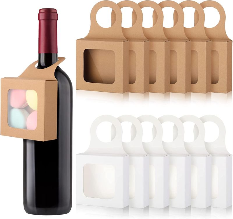 Photo 1 of 50 Count Kraft Paper Wine Bottle Box with Window Bottle Hanger Favor Boxes Small Wine Boxes for Gifts Hanging Foldable Gift Wrap Boxes for Holding Cookies Charms Bottle Stoppers
