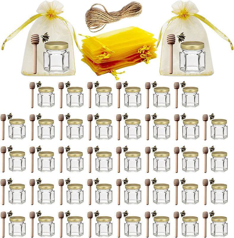 Photo 1 of Adabocute 40-Count 1.5 oz Mini Hexagonal Glass Honey Jars - Small Honey Jars with Wooden Dippers, Bee Charms, Gold Gift Bags and Jutes - Honey Jars with Gold Lids for Baby Shower, Wedding and Party Favors
