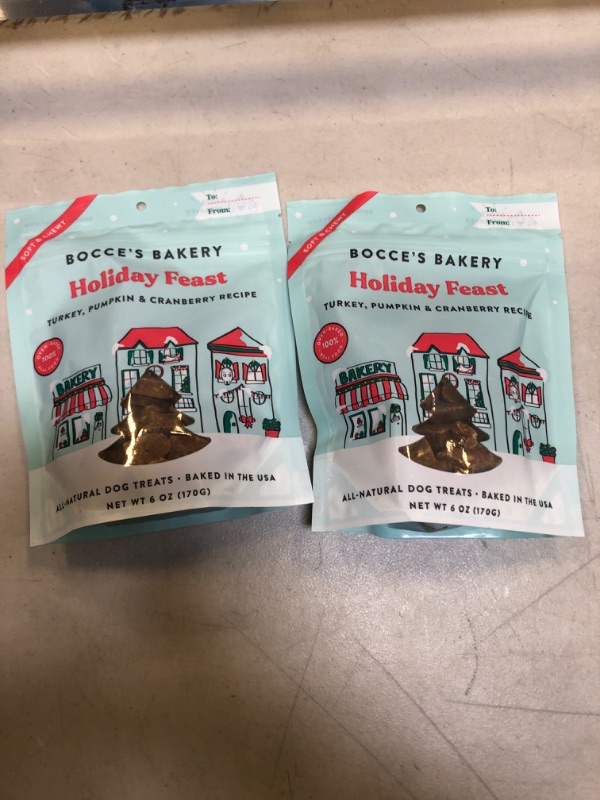 Photo 2 of Bocce's Bakery Holiday Feast Recipe Treats for Dogs, Wheat-Free Everyday Dog Treats, Made with Real Ingredients, Baked in The USA, All-Natural Soft & Chewy Cookies, Turkey, Pumpkin & Cranberry, 6 oz 6 Ounce (Pack of 1) Holiday Feast 2 PACK EXP 3/19/2024