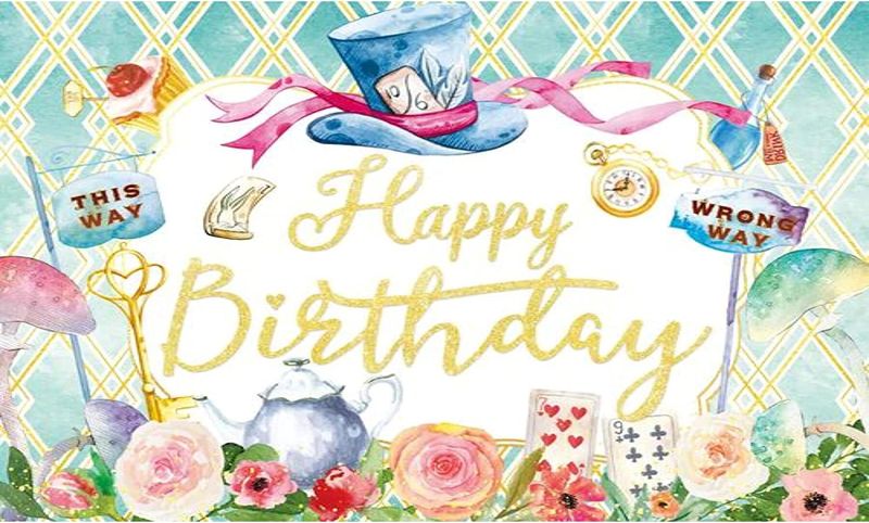 Photo 1 of 60x36inch Mad Hatter Birthday Backdrop for Girl Baby in Wonderland Banner Mint Green Tea Party Photography Background Rose Teapot Playing Cards Decoration Kids Photoshoot Props
