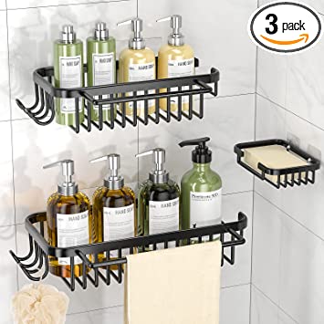 Photo 1 of 3Pack Shower Caddy, Shower Organizer with Soap Dish, No Drilling Shower Storage Wall Mount Rustproof Bathroom Organizer Shampoo Holder Kitchen Rack Adhesive Shower Shelves for Inside Shower Black