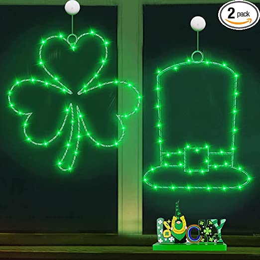 Photo 1 of 2 Pack St. Patrick's Day Window Lights Silhouette Decorations 12" 40 LED Shamrocks & 36 LED Leprechaun Hat with Suction Cup Battery Operated Irish St.Patrick's Day Decor Outdoor Indoor Home
