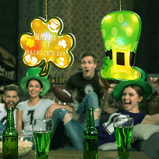 Photo 1 of 2 Pack St. Patrick's Day Decorations Window Lights with Suction Cups, Battery Operated Irish Saint Patricks Day Shamrocks Leprechaun Hat Lights with Timer for Window Wall Door Home Party Decorations