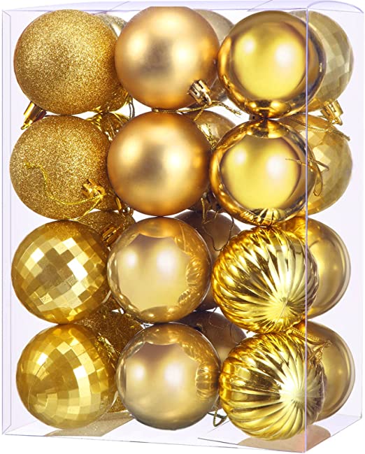 Photo 1 of 24 Pieces Christmas Ball Ornaments Christmas Tree Decorations Tree Balls for Tree Ornaments Holiday Wedding Party Decoration Hooks 2.36 Inch, 6 Styles (Gold)