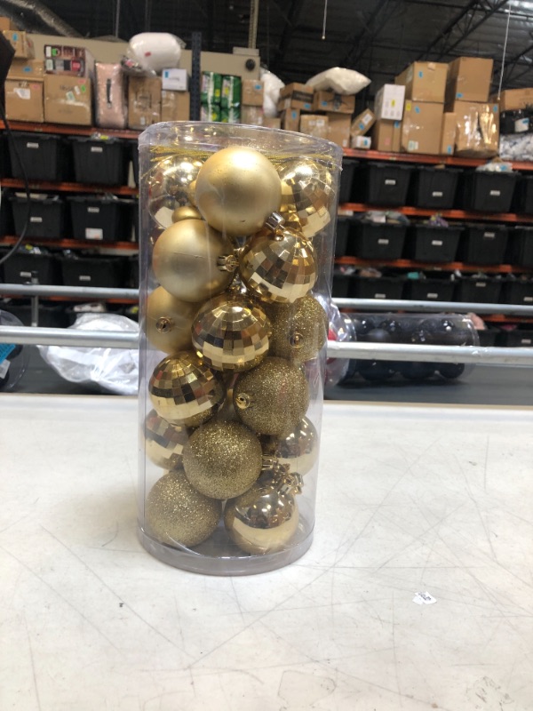 Photo 2 of 24 Pieces Christmas Ball Ornaments Christmas Tree Decorations Tree Balls for Tree Ornaments Holiday Wedding Party Decoration Hooks 2.36 Inch, 6 Styles (Gold)