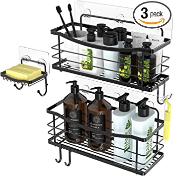 Photo 1 of  Adhesive Shower Caddy Basket Shelf with 4 Hooks for Shampoo Conditioner Razor Soap Dish Holder Kitchen Bathroom Organizer No Drilling Wall Mounted Stainless Steel Rustproof 3 Pack - Black