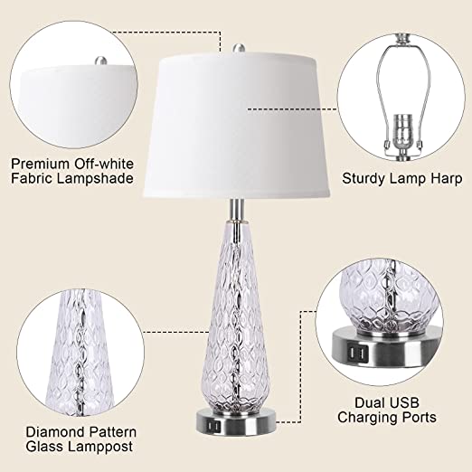 Photo 1 of Table Lamps for Living Room Set of 2 Modern Glass 27" Tall 3 Way Dimmable Nightstand Bedroom Lamps with 2 USB Ports Large Bedside End Table Lamp with White Fabric Shade for Home Office Decorations