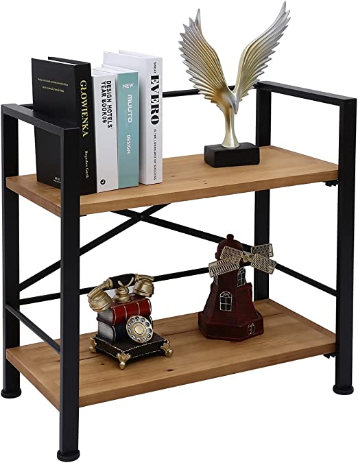 Photo 1 of Crofy Rustic Bookshelf, 2 Tier Real Wood Bookshelf, Metal Book Shelf for Storage, Bookcase for Office Organization and Storage, 12.6 D x 23.62 W x 22.83 H Inches, Black