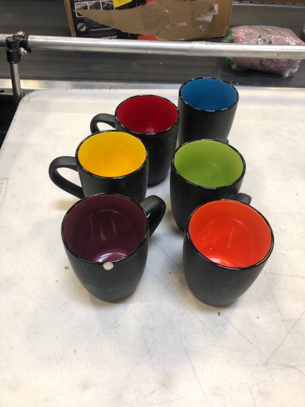 Photo 2 of Set of 6 Coffee Mug Sets, 16 Ounce Ceramic Coffee Mugs Restaurant Coffee Mug, Large-sized Black Coffee Mugs Set Perfect for Coffee, Cappuccino, Tea, Cocoa, Cereal, Black outside and Colorful inside 1Black Exterior Solid Color Interior