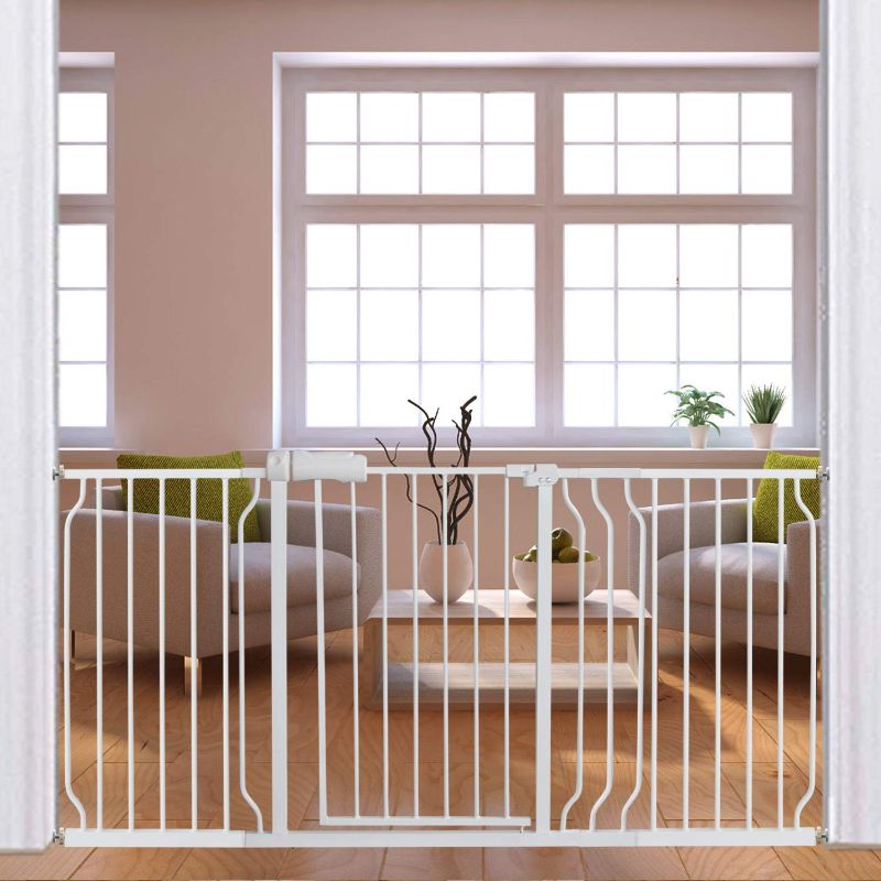 Photo 1 of Fairy Baby Extra Wide Baby Gate for Dogs Pressure Monuted Safety Gate for Living Room, Fits 62 Inch to 67 Inch with Pressure Mounted Extention Kit, White
