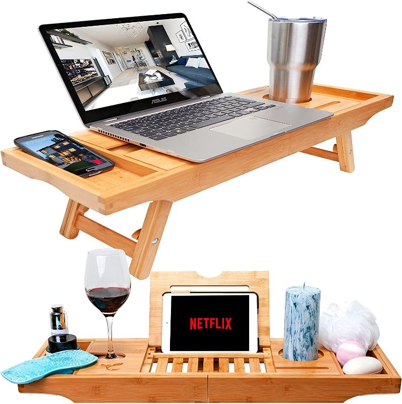 Photo 1 of Bamboo Bathtub Tray & Bed Laptop Desk with Foldable Legs, Latest Unique Zen Design Bathtub Caddy, Top Quality Bamboo Bathtub Caddy Tray with Adjustable Legs, Wine Glass & iPad Holder by Bambooware
