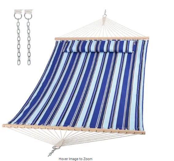 Photo 1 of Double Hammock Quilted Fabric Swing with Spreader Bar, Detachable Pillow, 55" x 79" Large Hammock, Blue Stripes