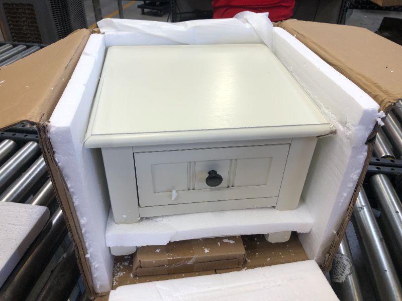 Photo 4 of Décor Therapy Simplify Accent Table with Drawer, Antique White 14.5"D x 14.5"W x 28.5"H ------ little damage on the corner -----
