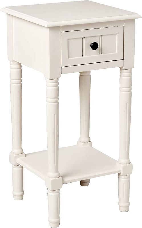 Photo 1 of Décor Therapy Simplify Accent Table with Drawer, Antique White 14.5"D x 14.5"W x 28.5"H ------ little damage on the corner -----
