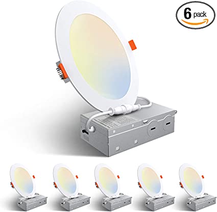 Photo 1 of 6 Pack 6 Inch 5CCT Ultra-Thin LED Recessed Ceiling Light with Junction Box, 2700K/3000K/3500K/4000K/5000K Selectable, 12W Eqv 110W, Dimmable Can-Killer Downlight, 1050LM High